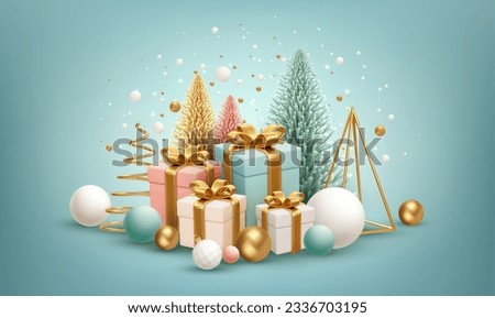Festive Christmas 3d realistic Background. Gold, white Christmas Tree Decorations. Elements for Design Christmas card, poster, banner. Vector Illustration