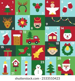Festive Christmas Advent Calendar with Holiday Icons and Decorations Vector Illustration