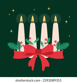 Festive Christmas advent candles with bow, fir branches and red berries illustration in flat style.