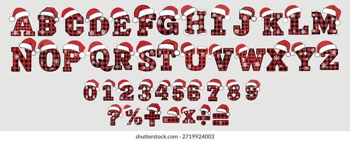 Un alfabeto de Navidades festivas con letras, números y símbolos estampados a cuadros, todos adornados con sombreros de Santa. Perfecto para diseños de vacaciones, tarjetas de felicitación y decoraciones festivas.