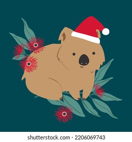 Navidad festiva Wombat australiano con Santa Hat y flores de eucalipto