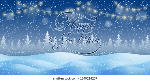 Festive Christmas background in blue tones. Snow landscape, forest and garlands.