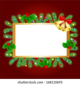 festive Christmas background with the branches of silver fir and bells,vector illustration