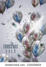 Festive Christmas  background with bright flash, silver air balloons and flying confetti. Abstract pattern with promotion Christmas sale text. Commercial discount event banner.