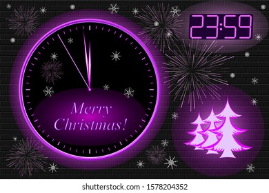 Festive Christmas Background with Clock. Pink Christmas Tree and Fireworks. White Snowfall at Night. Vector Illustration