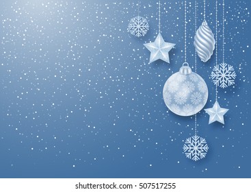 Fondo navideño festivo con decoración navideña y manchas blancas. Ilustración de material vectorial.
