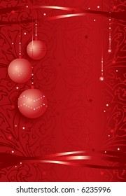 festive christmas background with decorative globes and ribbons on red