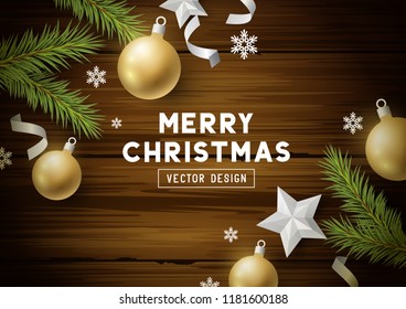 Festive christmas background design with xmas decorations and baubles on a vintage wooden background. Vector illustration.