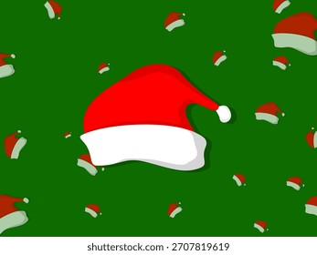 Fondo de Navidades festivas con un patrón de sombrero de Santa rojo brillante en verde. Ilustración de vacaciones divertidas perfectas para diseños de temporada.