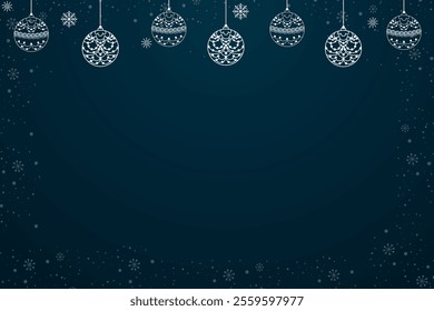 A festive Christmas background featuring a dark blue sky adorned with white snowflakes. Delicate, intricately designed Christmas ornaments hang gracefully.