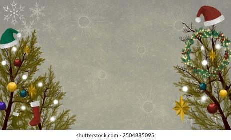 Festive Christmas background featuring decorated trees with ornaments, stockings, and Santa hats. A wreath, snowflakes, and subtle starbursts add warmth to the design.