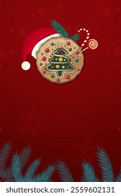 A festive Christmas background featuring a delicious gingerbread cookie decorated like a Christmas tree, a Santa hat, a candy cane, and snowflakes on a red background.