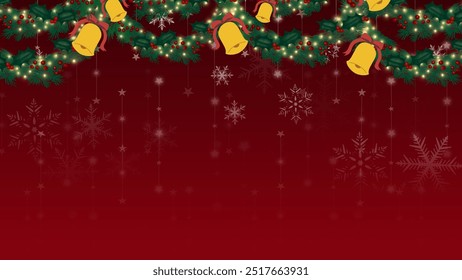 Festive Christmas background featuring golden bells, holly, and pine branches with a red gradient and snowflakes, perfect for holiday decorations, cards, and seasonal designs.