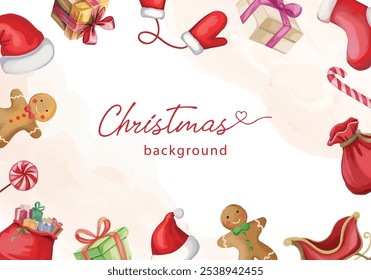 Festive Christmas background featuring Santa Claus elements: red hat, bag, sock, gloves, presents, and candies. Ideal for holiday cards and cheerful designs.