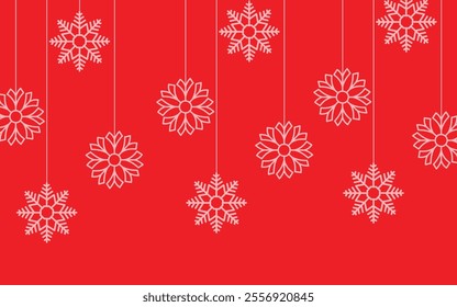 Festive Christmas background featuring several hanging snowflakes against a red backdrop filled with tiny snowflake patterns. A perfect design for holiday cards and seasonal decorations