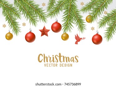 Festive christmas background with fir branches, decorations and baubles. Vector illustration