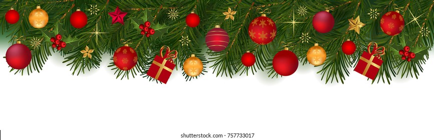 Festive Christmas background of fir branches, with red and golden globes and other ornaments, isolated on white.