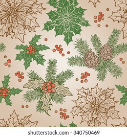 Festive Christmas background with Christmas flower with leaves, berries and cones for decoration and printing