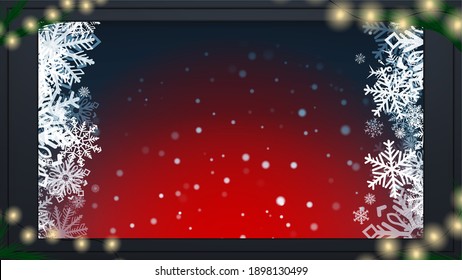 Fondo de navidad festiva en un marco. Cae copos de nieve. Feliz Navidad y Feliz Año Nuevo. De color. Vacaciones de invierno le dan regalos realistas. Ilustración vectorial