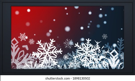 Fondo de navidad festiva en un marco. Cae copos de nieve. Feliz Navidad y Feliz Año Nuevo. De color. Vacaciones de invierno le dan regalos realistas. Ilustración vectorial