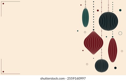 Festive Christmas background with geometric ornaments hanging on side. Copy space. 