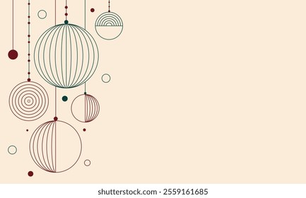 Festive Christmas background with geometric red and green ornaments hanging on side. Copy space. 