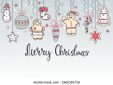 Festive Christmas background with gingerbread and text. Vector design. Objects are isolated.