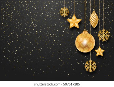 Festive Christmas Background with Golden Christmas Decorations and Golden Glitters. Vector Stock Illustration.