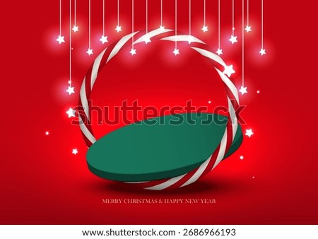 Festive Christmas background with green 3D podium, candy cane circle, hanging glowing stars on red background. Vector illustration.