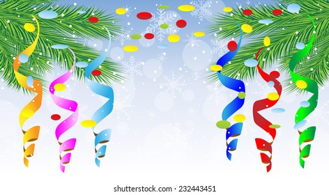 festive Christmas background with green branches and serpentine,  vector  illustration