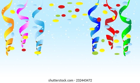 festive Christmas background with green branches and serpentine,  vector  illustration