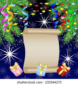 festive christmas background with green branches and serpentine,  vector  illustration