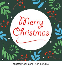 Festive Christmas background with hand drawn leaves and lettering. Vector illustration in flat style