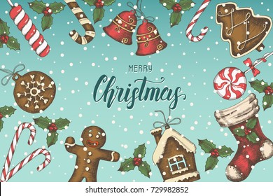 Festive Christmas background with hand drawn holly leaves, bells, gingerbread, and christmas sock. Greeting hand made quote "Merry Christmas". Sketch. Vector. Banner, poster, flyer, brochure.