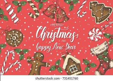 Festive Christmas background with hand drawn holly leaves, bells, gingerbread, and christmas sock.Greeting hand made quote "Merry Christmas and Happy New Year". Sketch. Banner, poster, flyer, brochure