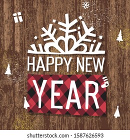 Festive Christmas background with the inscription Happy New Year. Christmas theme elements: tree, gifts, patterns and snowflakes. 