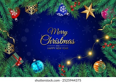 Fondo de Navidades festivas con adornos, ramas de pino y un cielo azul nocturno