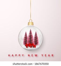 Festive Christmas background. Christmas pine tree and shiny glitter glowing Christmas balls. Vector illustration.