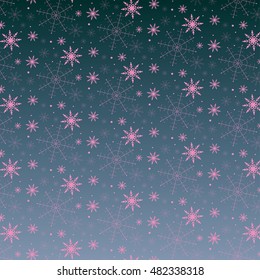 Festive Christmas background with pink snowflakes on a blue background.