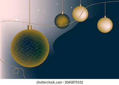 Fondo navideño festivo, postal, invitación, gradiente, Año nuevo, Navidad, bolas navideñas. Color azul y dorado, ilustración vectorial, concepto, clipart