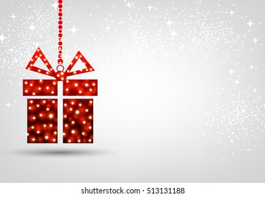 Fondo navideño festivo con regalo rojo. Ilustración vectorial.