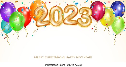 Festive Christmas background with red, green, blue and yellow balloons, numbers 2023 of golden foil balloons and shiny pieces of serpentine. Vector illustration for posters, flyers or cards