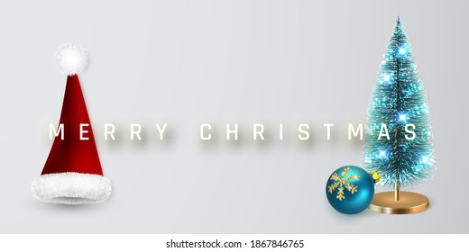 Festive Christmas background. Red Santa hat, pine tree and shiny glitter glowing Christmas balls. Vector illustration.