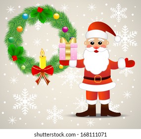 festive Christmas background with Santa Claus and chaplet from a fir branch,  vector  illustration