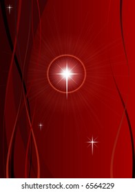 Fondo navideño festivo con luces brillantes, torbellinos y copos de nieve sobre un fondo rojo que se desvanece