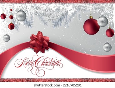 Festive Christmas Background with Silver and Red Christmas Ornaments and Ribbon with Red Glittering Bow - Colored Illustration, Vector