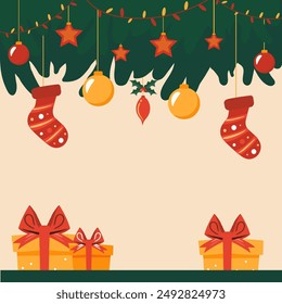 festive Christmas background. Christmas tree  with various holiday elements.