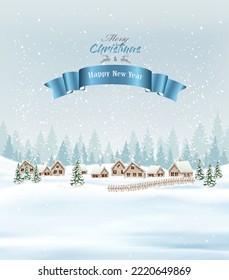 Festive Christmas background with winter village and fir trees covered with snow. Vector.