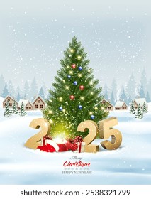 Festive Christmas background with a winter village and  christmas tree, magic box and colorful presents. Vector. 