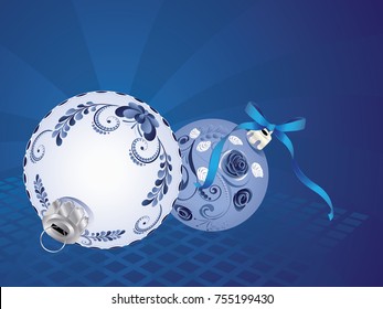 Festive christmas ball decorated with blue floral ornaments.
